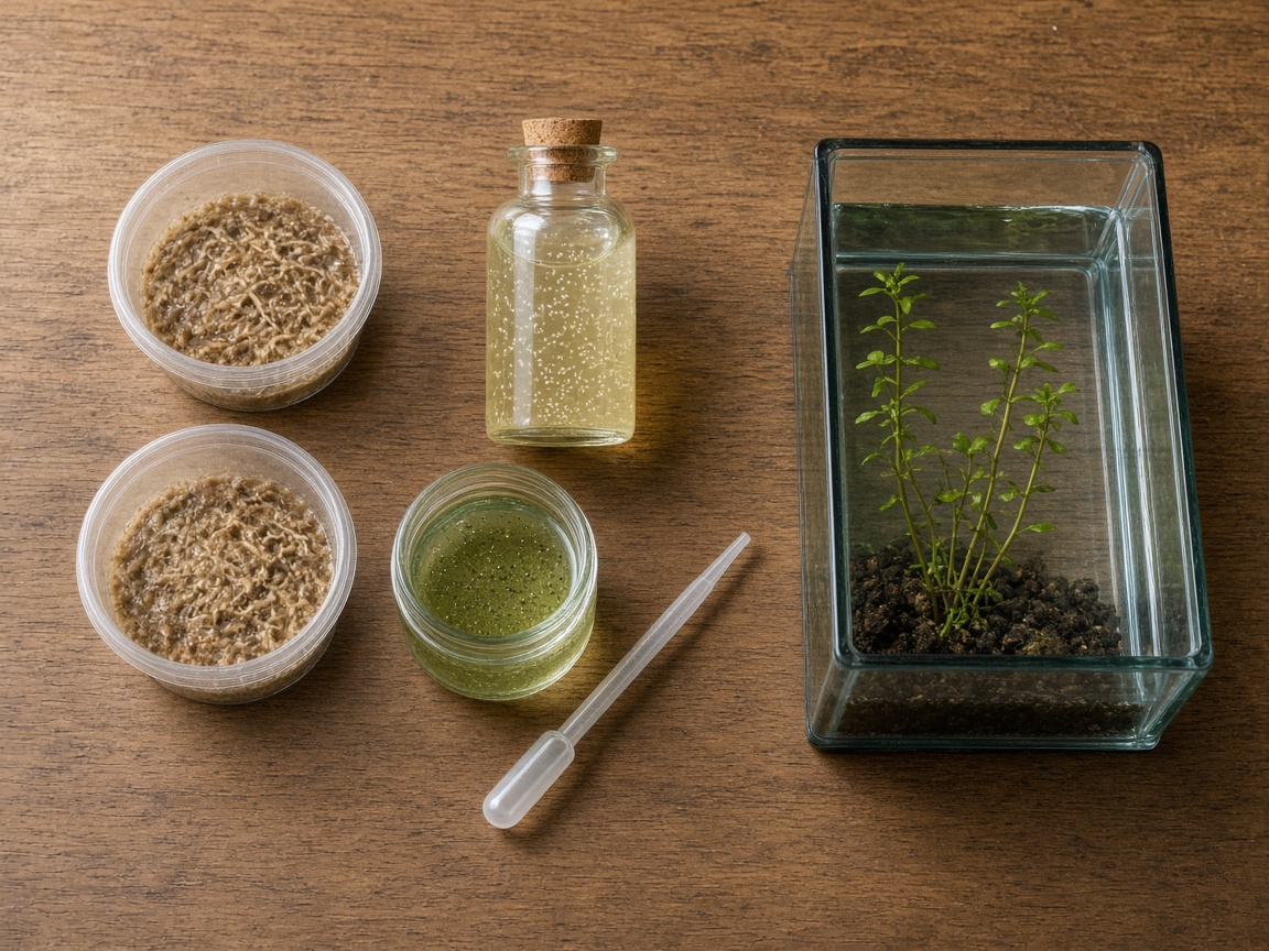 Fry starter kit with culture tubs, a daphnia (moina) jar and pipette beside a fry tank